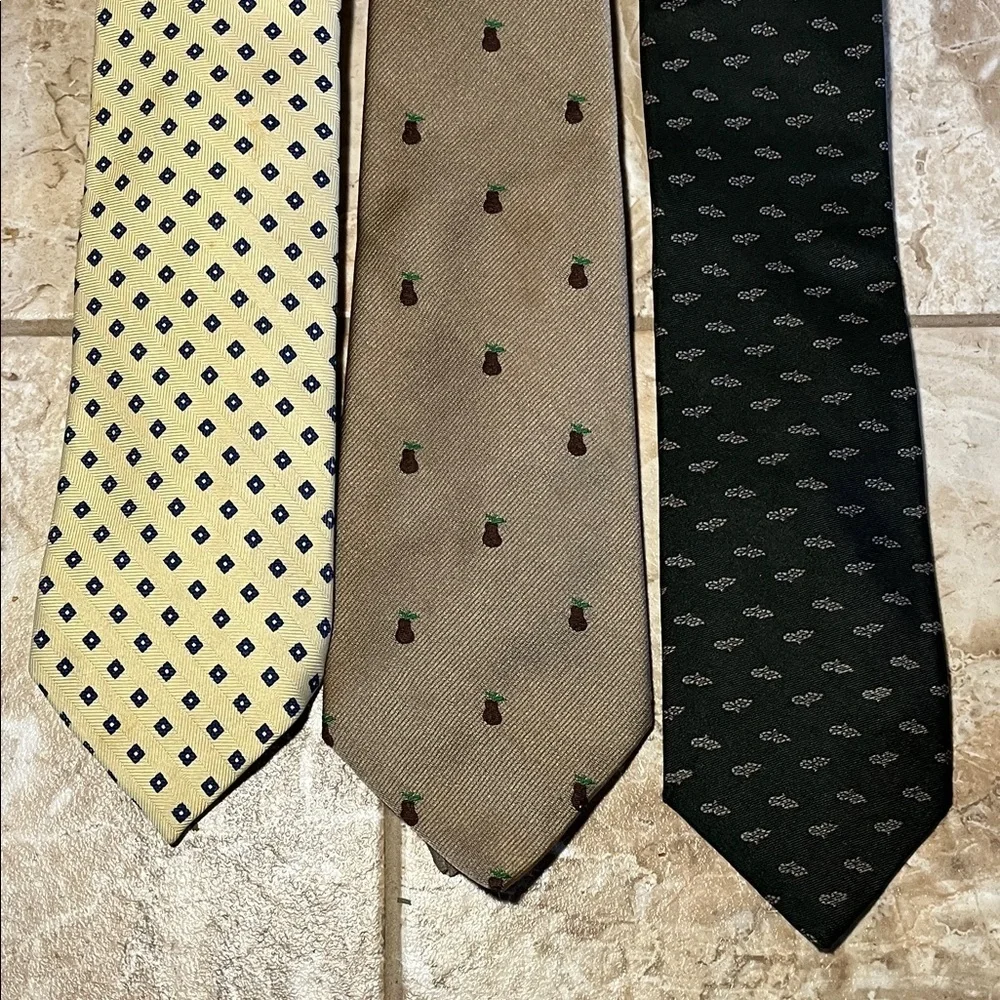 Earth Tones Vintage Men's Tie Bundle- Butter Yellow Pear Print & Charcoal Black